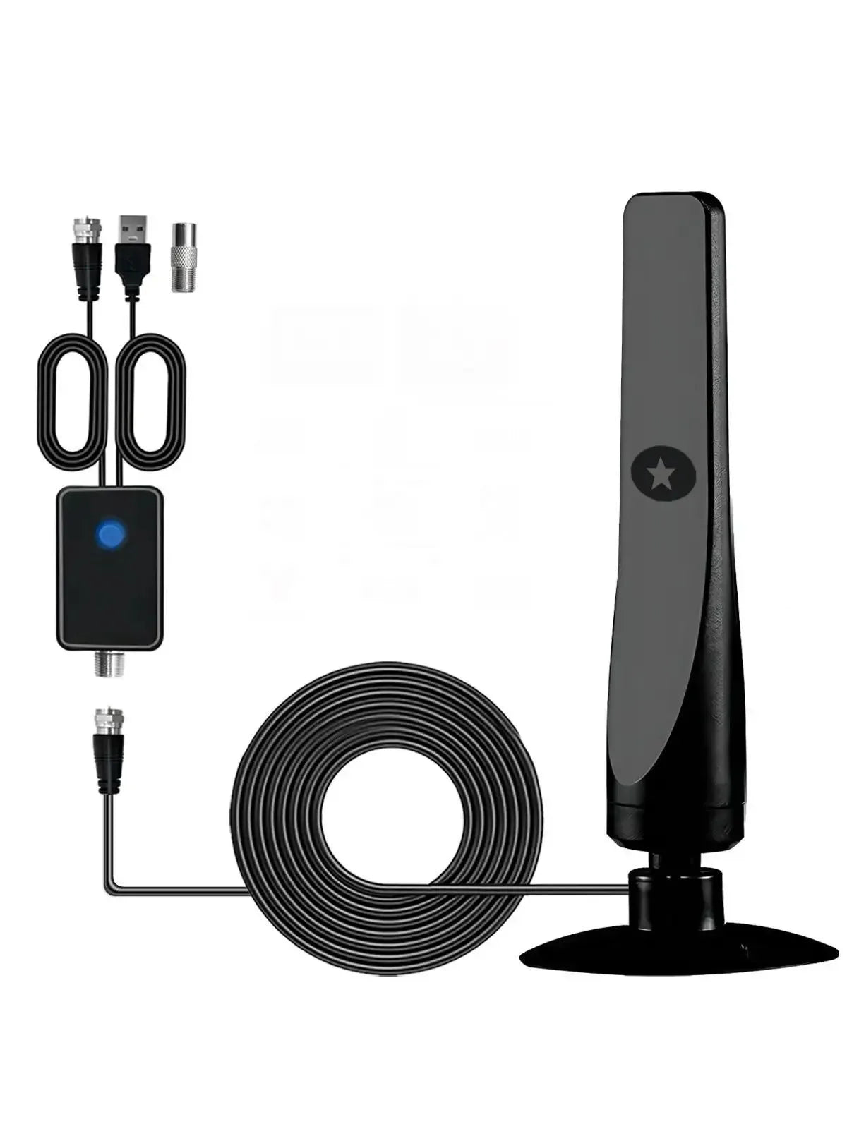 A black HD digital TV antenna with a signal booster, including cables and a coiled wire.