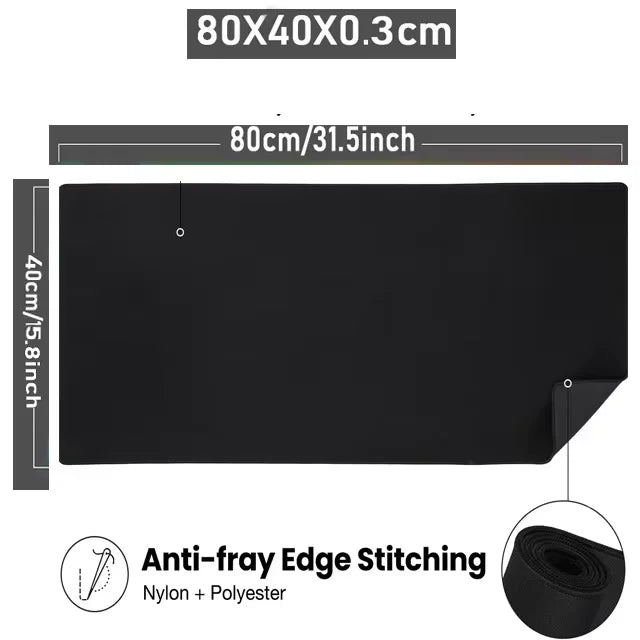 Black anti-fray edge stitched mouse pad measuring 80x40cm