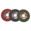 Three ultra-thin 105mm metal cutting discs for angle grinders in various colors: red, black, and green.