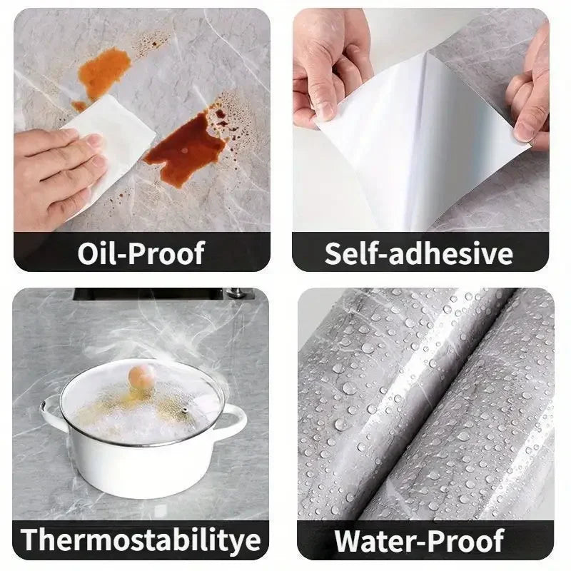 Demonstration of self-adhesive waterproof tile stickers for oil-proof, thermostability, and water-proof properties.