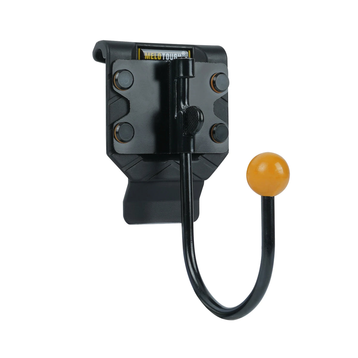 A black rotating tool belt hook with a yellow spherical end.