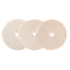 Three round wool polishing pads of varying textures and shades of beige for deep scratch and oxidation removal