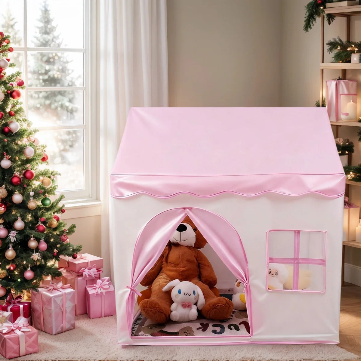 A pink floral playhouse tent for kids with a rounded archway and a window, decorated with festive greenery.