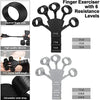 Black finger exerciser with six resistance levels and an adjustable wrist strap