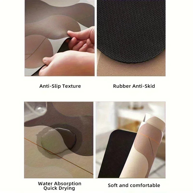 Various views of a lemon print absorbent kitchen drying mat showing anti-slip texture, rubber anti-skid surface, quick drying