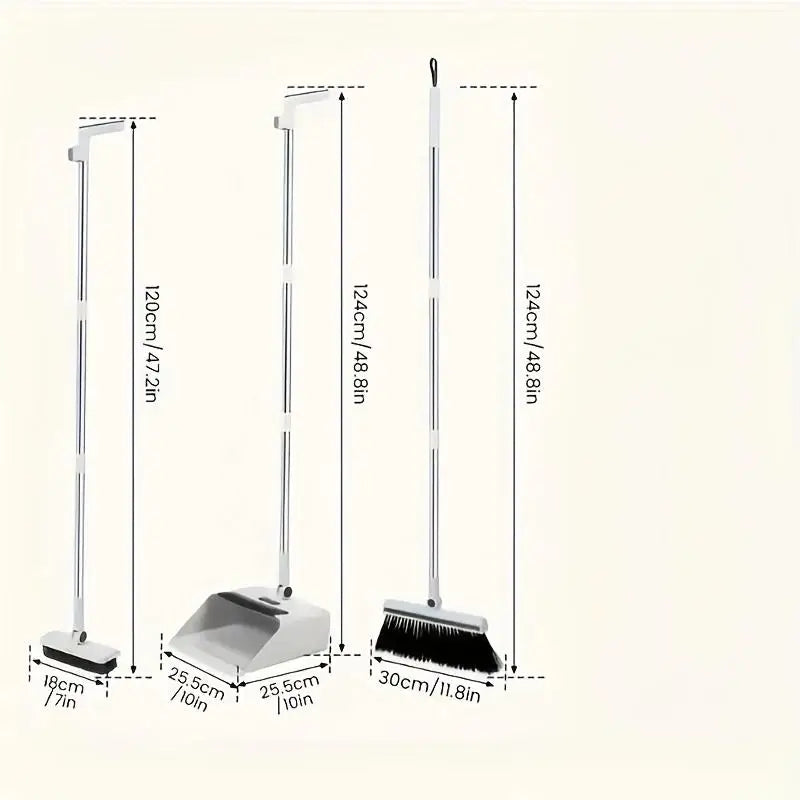 A set of three folding brooms and a dustpan with aluminum handles shown in various lengths.