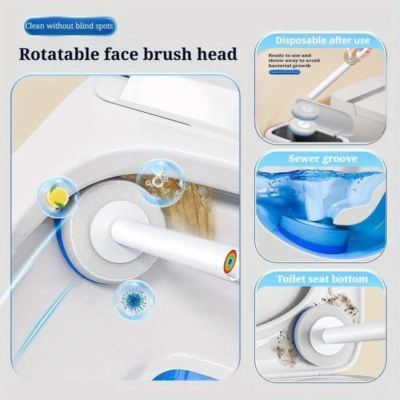 A disposable toilet brush head is shown being used to clean a toilet bowl, with instructions for use and disposal.
