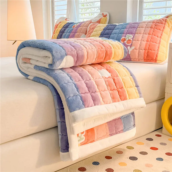 Gepolstertes Samt-Topper mit Pastellregenbogenstreifen auf weißer Couch mit bunten Kissen.