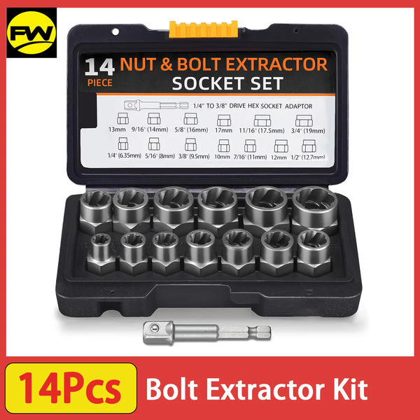 Trousse d'outils noire contenant 14 douilles d'extracteur de boulons et un adaptateur de vis.