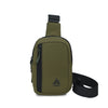 Olive green water-resistant nylon chest sling bag with a black strap.