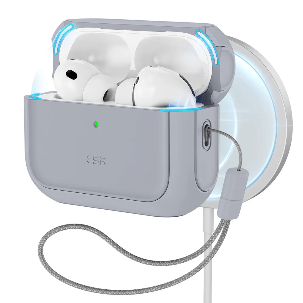 A gray charging case for AirPods Pro 3 with a magnetic lock and drop protection feature.