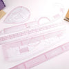 A set of six flexible sewing rulers and templates for French curve stitching, pink and white.