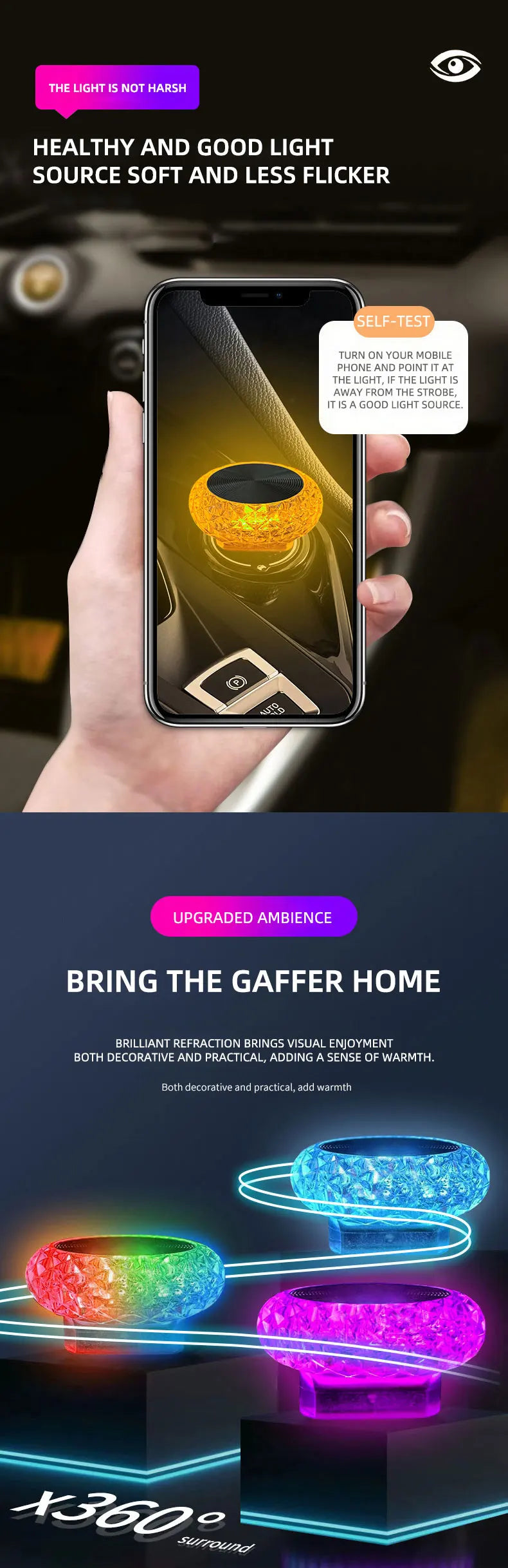 A hand holds a smartphone displaying a bright yellow light source, demonstrating the soft and flicker-free quality of the amb