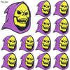 A set of ten embroidered iron-on patches featuring a purple background with a yellow skull design.