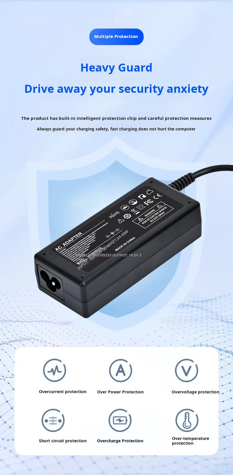 Schwarzes AC-Adapter für Laptop-Strom, mit mehreren Schutzfunktionen wie Überspannungs- und Überstromschutz.
