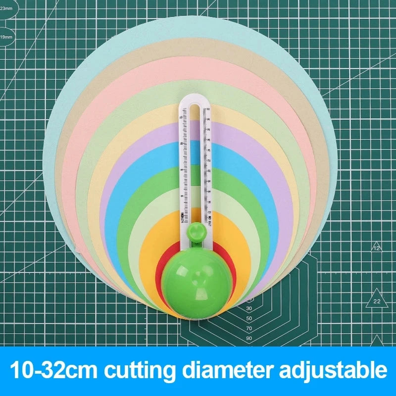 Adjustable circular paper cutter with interchangeable blades shown on a cutting mat.