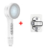 A white high-pressure handheld shower head with a detachable silicone nozzle is shown next to its control unit.