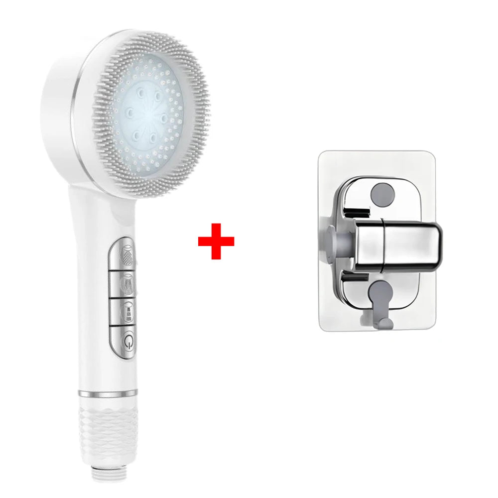A white high-pressure handheld shower head with a detachable silicone nozzle is shown next to its control unit.