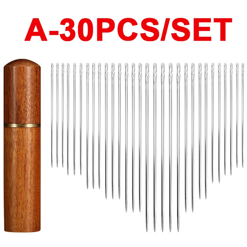Agujas de coser de acero inoxidable con autoenhebrado y estuche de madera