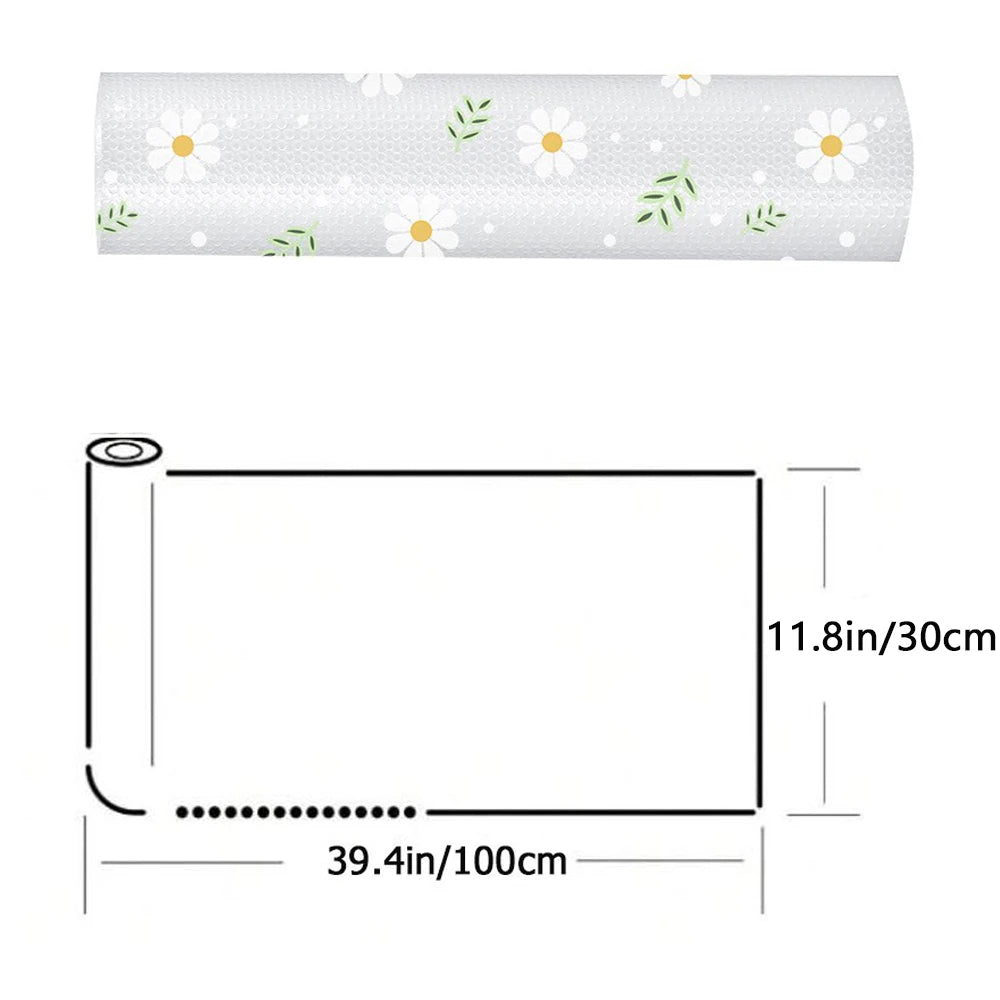 Roll of white floral patterned waterproof kitchen drawer mat