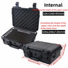 Black rugged waterproof hard case with customizable foam insert shown in various dimensions.