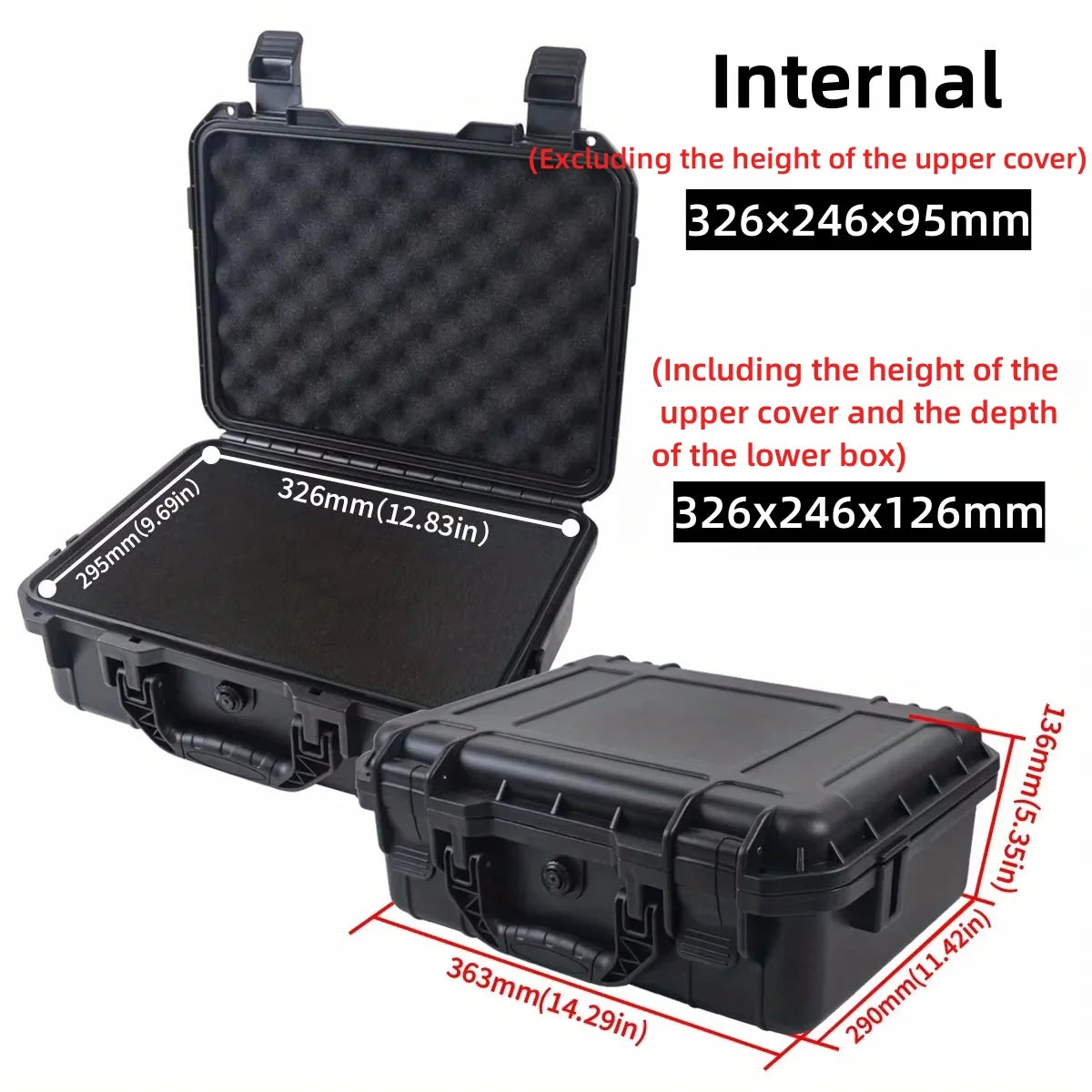 Black rugged waterproof hard case with customizable foam insert shown in various dimensions.