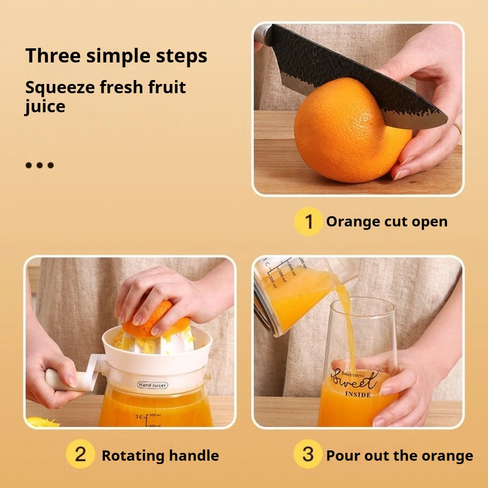 Three steps for making fresh fruit juice showing an orange being squeezed and juice poured into a glass.