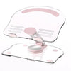 Clear acrylic tablet stand with a pink rotating base for holding an iPad or phone
