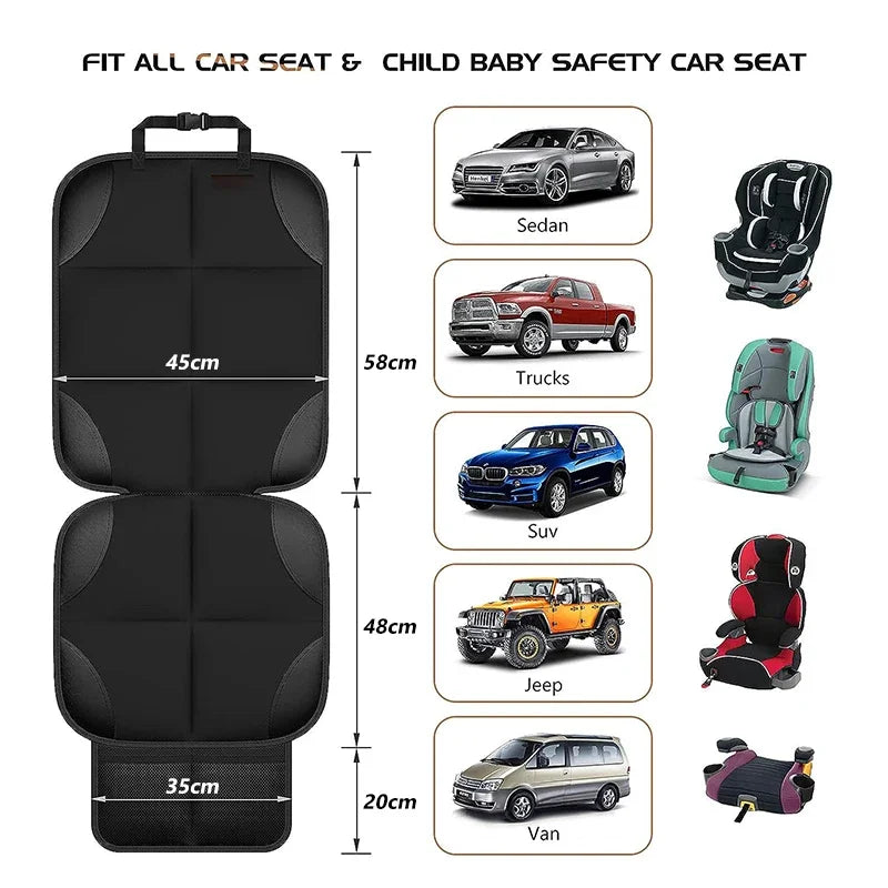 Black universal car seat and child baby safety seat protector with anti-slip base shown with various vehicle fit examples.