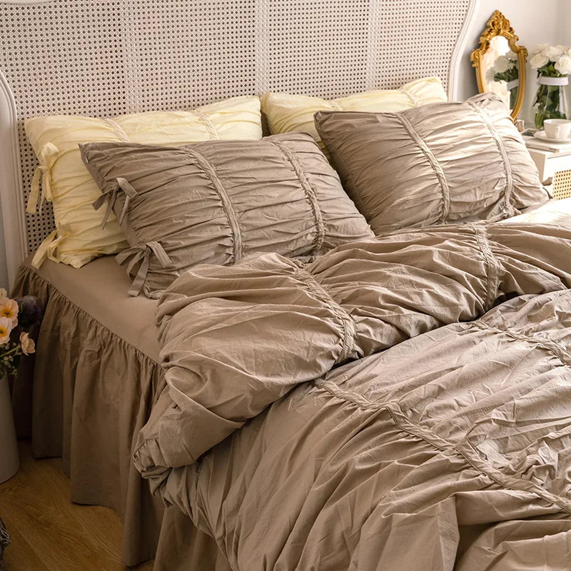 Washed Cotton Ruffle Bedding Set with Bow Ties – Pure White