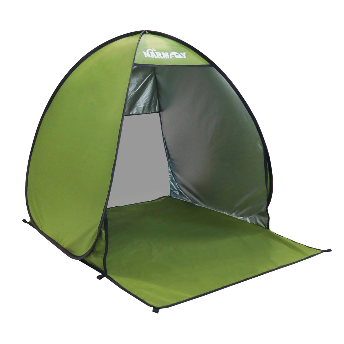 A lime green instant pop-up beach tent with a black frame and UV protection features.