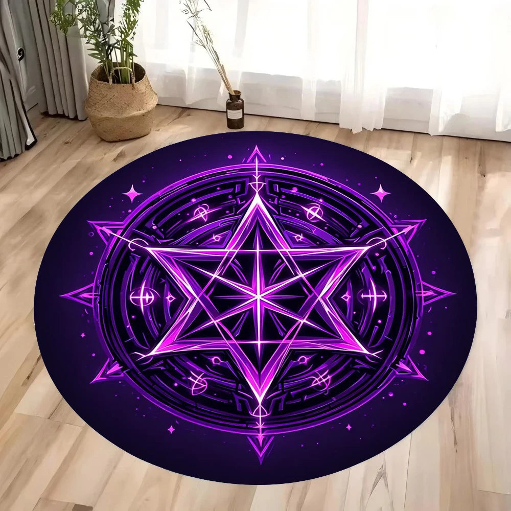 Round magic circle pattern area rug with a vibrant purple geometric design