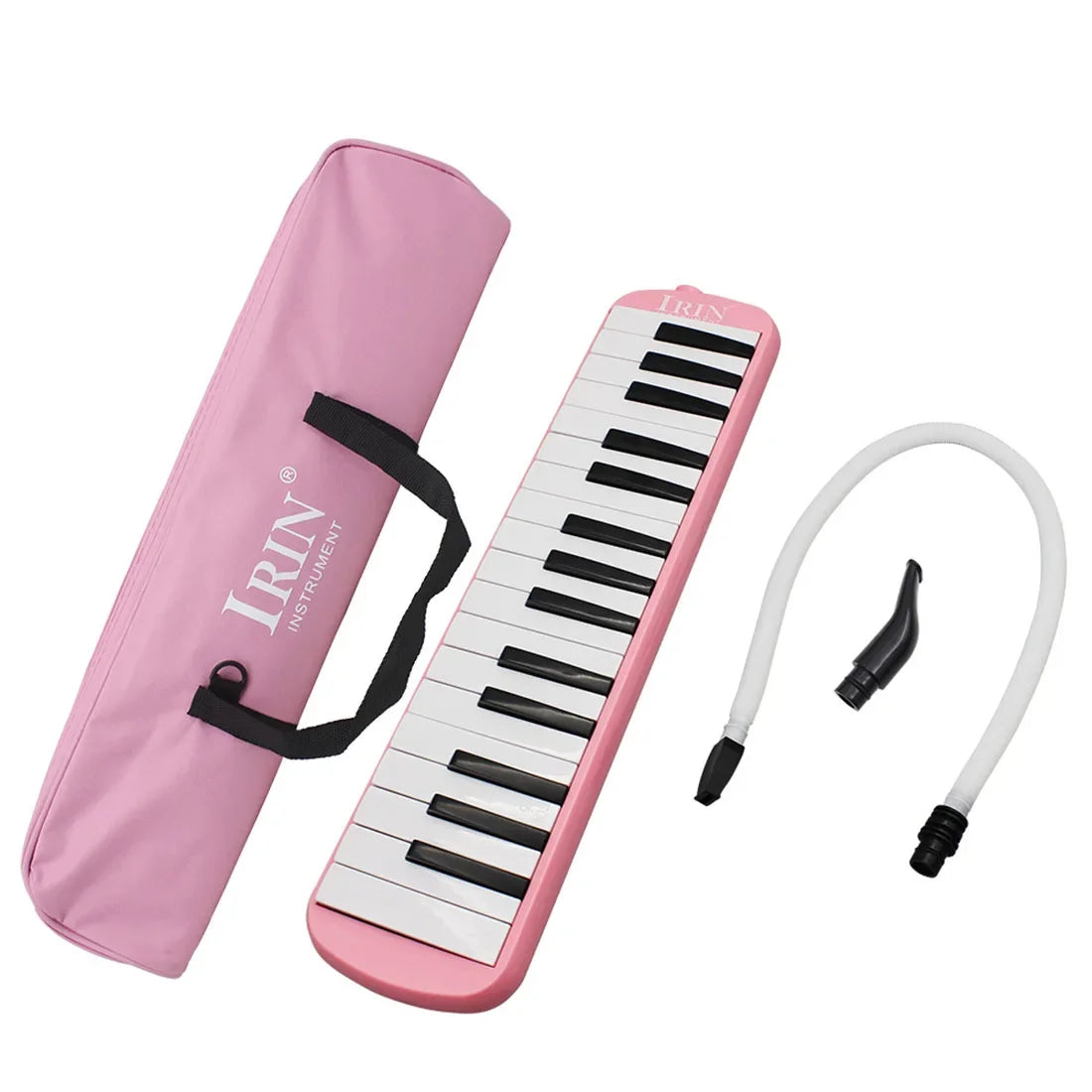 A pink 32-key melodica instrument with a protective case and mouthpiece shown alongside.