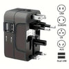 Schwarzer universeller Reise-AC-Adapter mit mehreren USB-Anschlüssen für USA, Europa, UK und Australien.