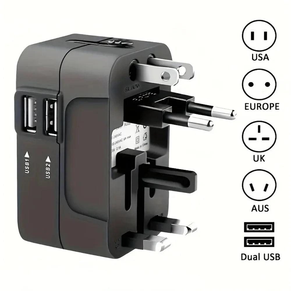 Schwarzer universeller Reise-AC-Adapter mit mehreren USB-Anschlüssen für USA, Europa, UK und Australien.
