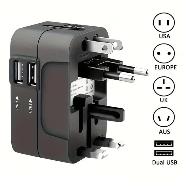 Schwarzer universeller Reise-AC-Adapter mit mehreren USB-Anschlüssen für USA, Europa, UK und Australien.
