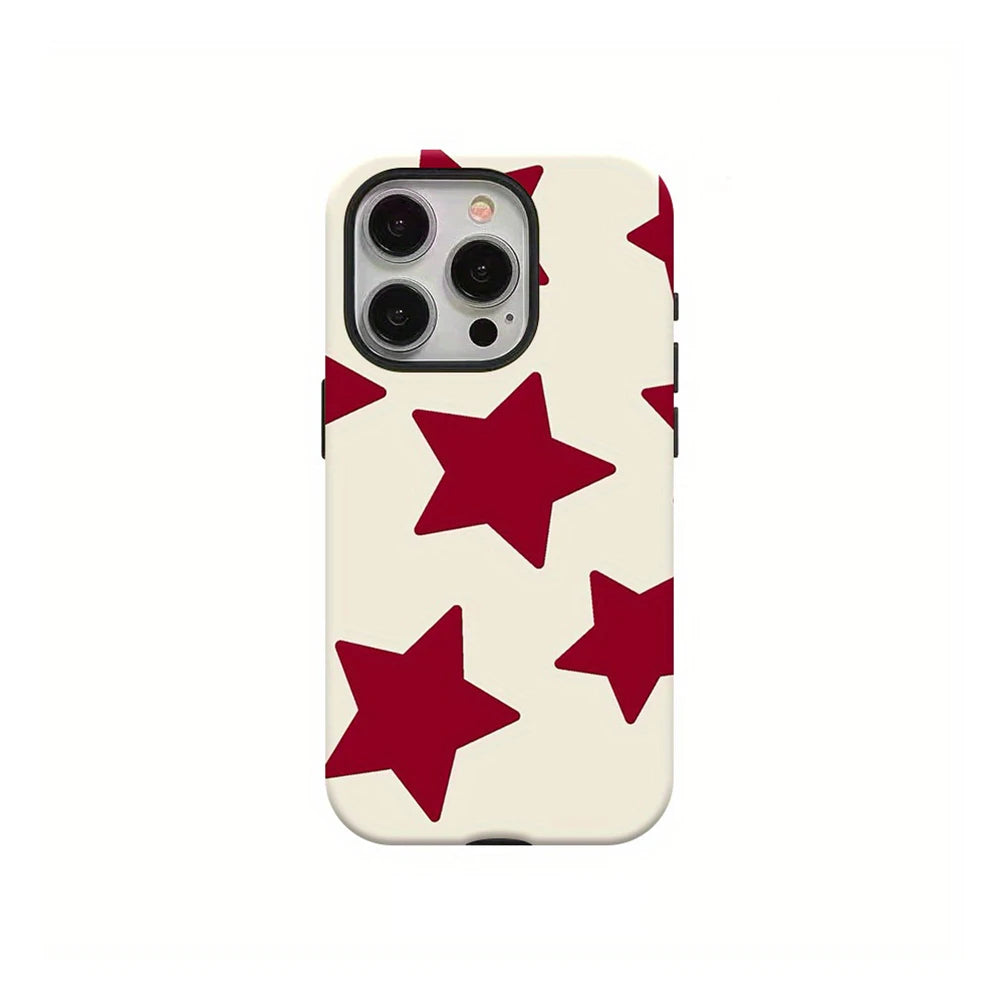 A light beige phone case for an iPhone featuring a pattern of red stars.