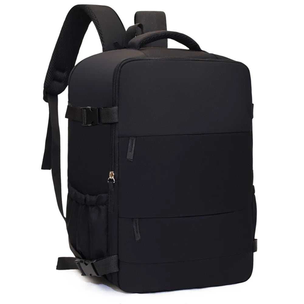 Black compact cabin travel backpack with adjustable straps and external pockets