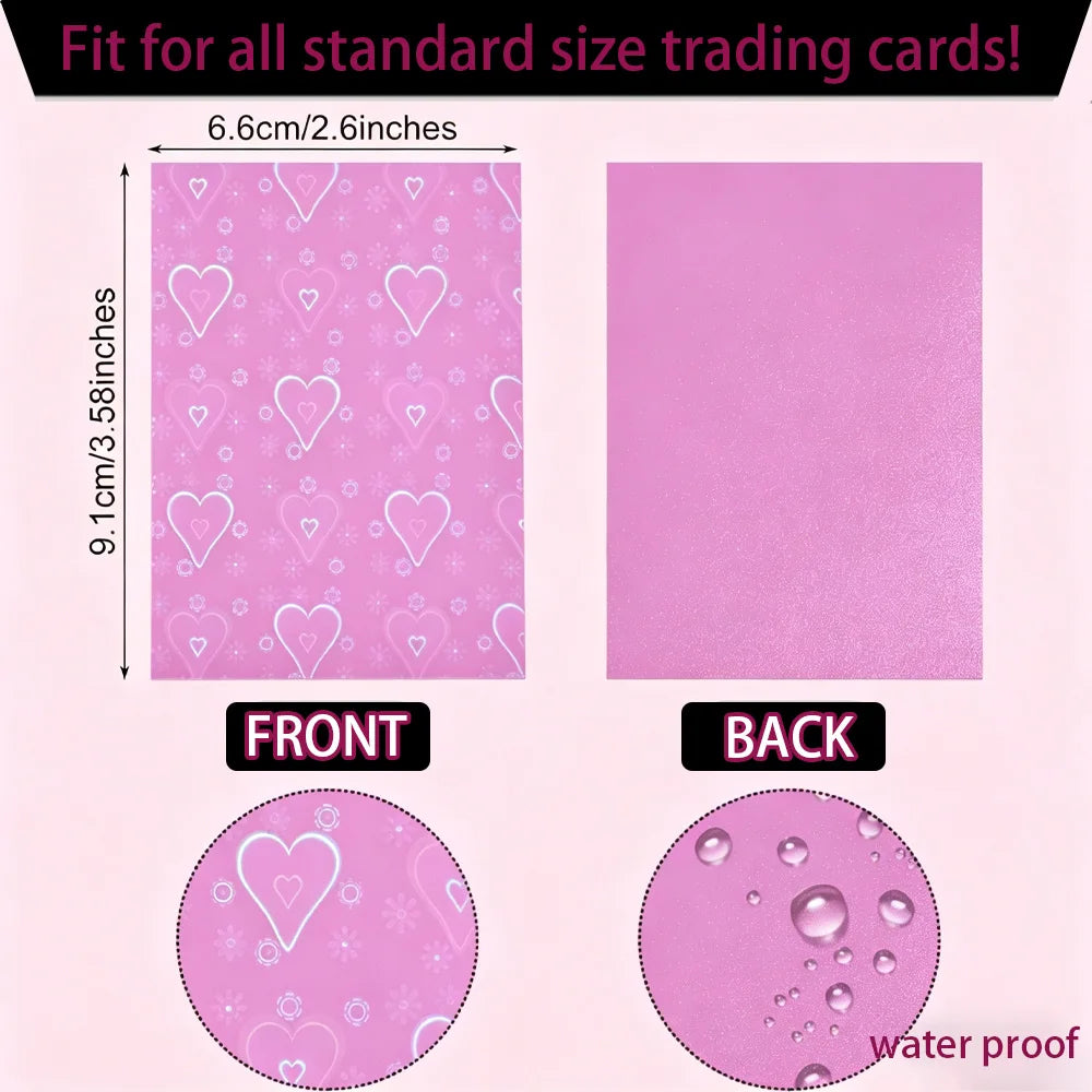 Front and back views of pink heart-shaped trading card sleeves for protection