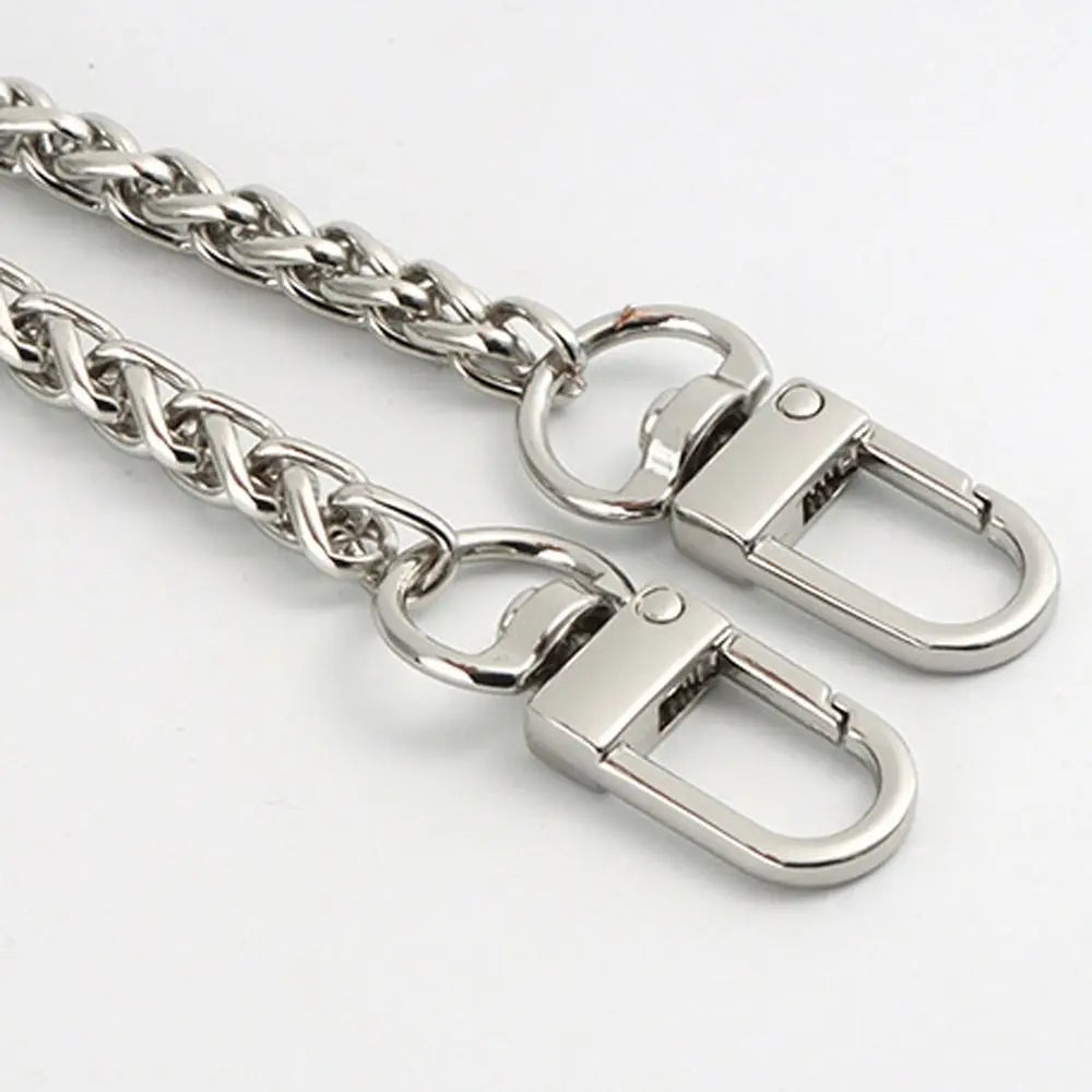 Silver metal chain strap with a lobster clasp attached, used for handbags and purses.