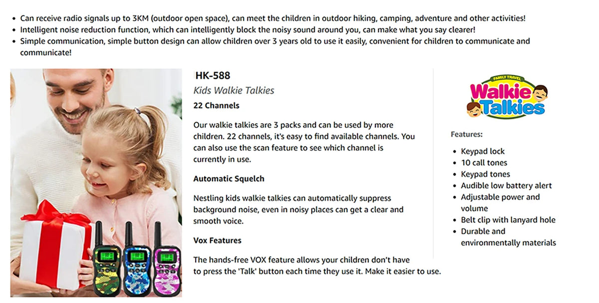 A pair of green and pink walkie talkies are shown being used by children outdoors.