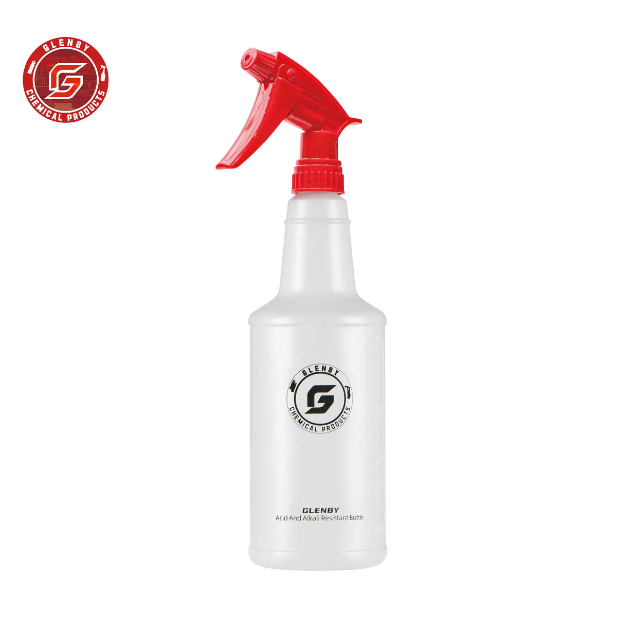 A white plastic spray bottle with a red pump dispenser is shown against a white background.
