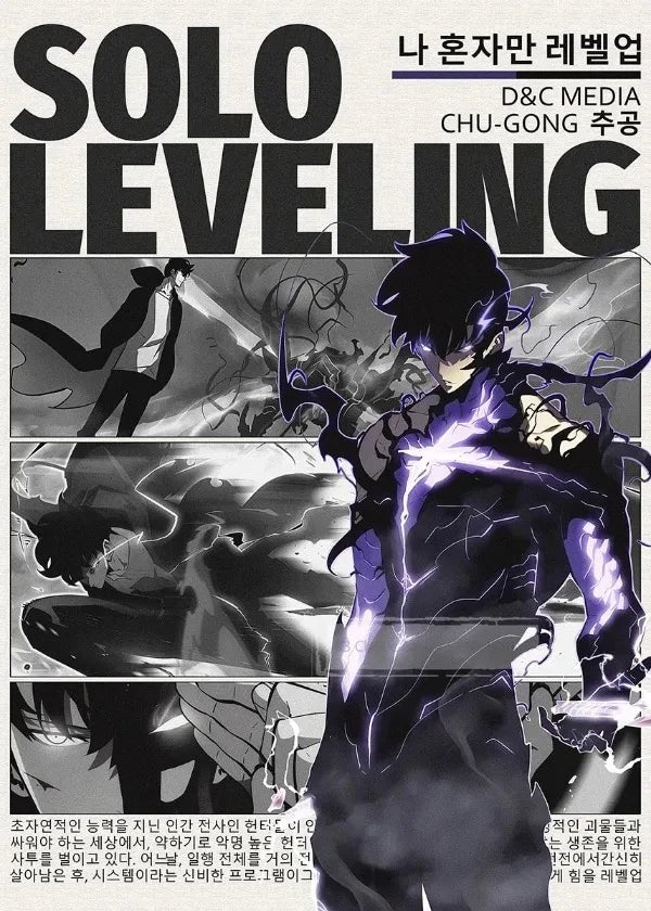 A dark, stylized anime poster titled Solo Leveling featuring a powerful character with glowing purple energy.