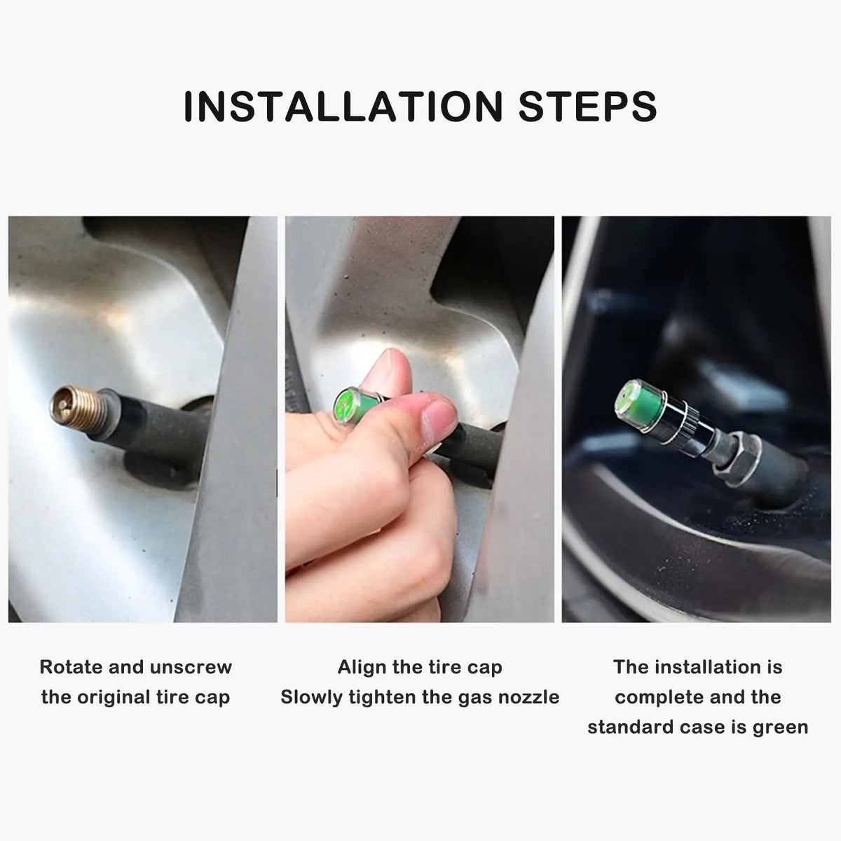 Installation steps showing how to rotate and unscrew the original tire cap and align the gas nozzle for installation