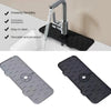 Black silicone kitchen sink mat with a faucet splash guard shown in various angles.