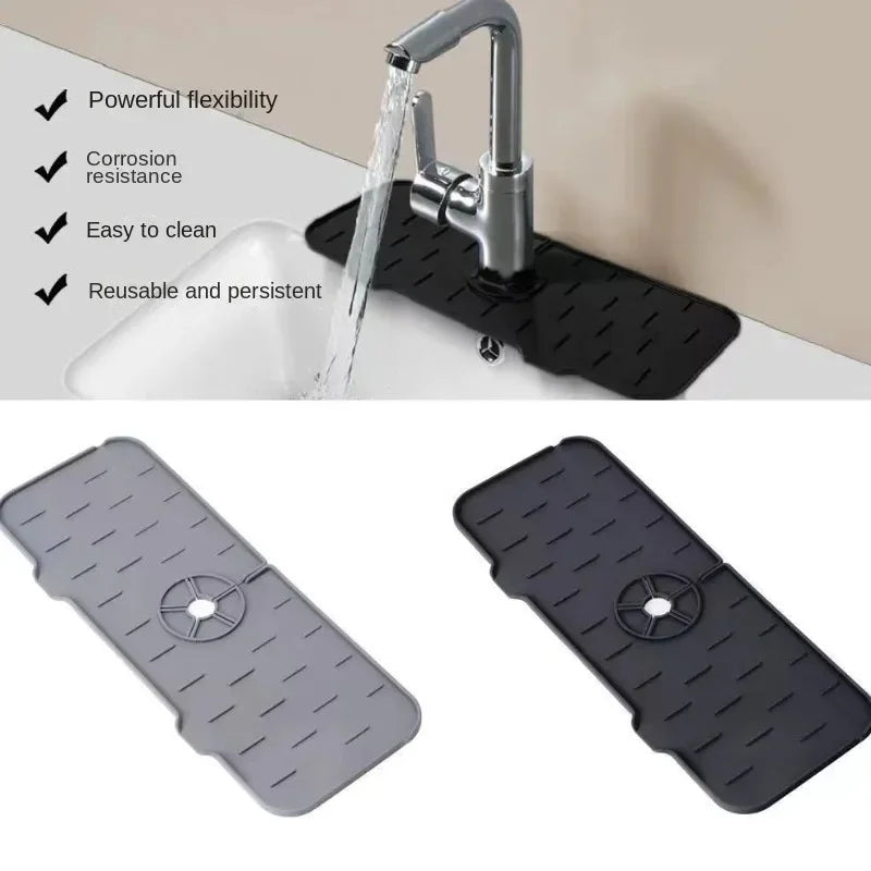 Black silicone kitchen sink mat with a faucet splash guard shown in various angles.