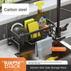 Black carbon steel kitchen sink side storage rack with a detachable hanging rod and drainage tray