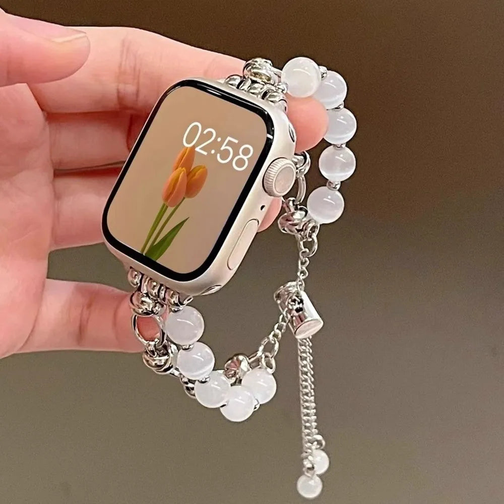 Crystal Bead Watch Strap with Adjustable Metal Link Design