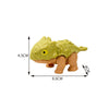 A light green plastic dinosaur toy, resembling a Triceratops or Tyrannosaurus, shown with dimensions.