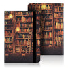 A dark textured cover featuring a detailed illustration of a wooden bookshelf filled with books and a ladder.